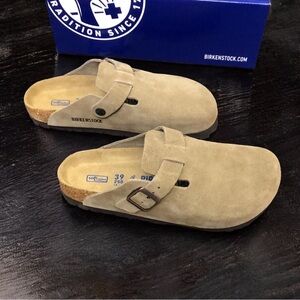 Birkenstock Boston Taupe Suede Mules - Narrow Fit